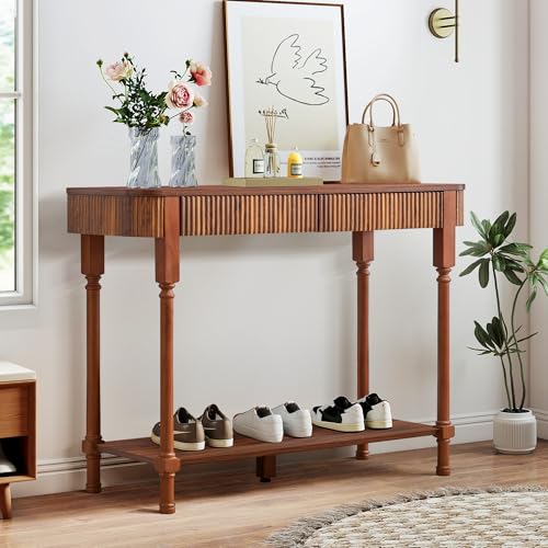 MAHYIZYI Fluted Console Table for Entryway, 43.3'' Narrow Entryway Tables with 2 Wooden Drawers, Retro Sofa Table Behind Couch Accent Tables for Foyer, Living Room, Hallway (Walnut) MAHYIZYI