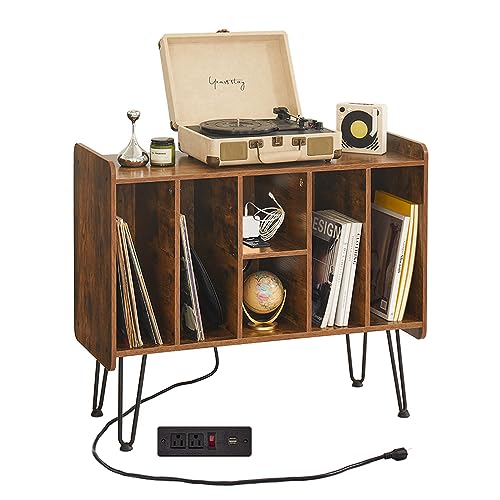 Leesingdo Large Record Player Stand with Vinyl Storage, Retro Brown Record Player Table with Power and USB Port, Holds Up to 200 Albums, Turntable Stand Vinyl Record Player Storage Cabinet Leesingdo