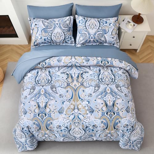 Drucon Blue Paisley Comforter Set Queen, 7 Pieces Bed in a Bag Boho Comforter Soft Microfiber Blue Paisley Bedding(1 Comforter, 1 Flat Sheet, 1 Fitted Sheet, 2 Pillow Shams, 2 Pillowcases) Drucon