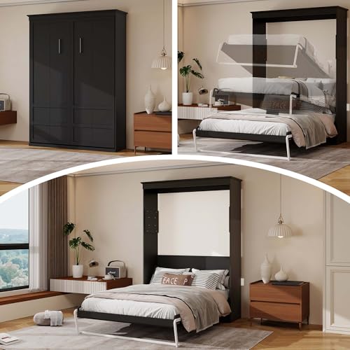 TrendTerrace Black Wood Full Size Murphy Bed: 61'' Space-Saving Wall Bed Cabinet Full for Multipurpose Area, Bedroom/Guest Room/Living Room, (Mattress Not Included) Wall Beds TrendTerrace