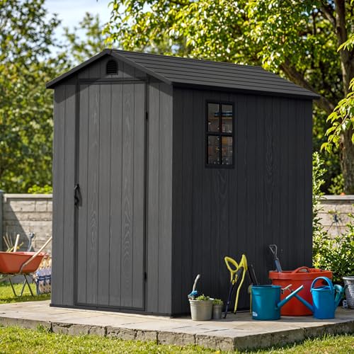 Greesum 4×6FT Plastic Outdoor Storage Shed with Floor, Resin Storaged Sheds with Lockable Door, Window & Vent, All-Weather Tool Sheds for Garden, Backyard, Patio, Dark Gray (One-Piece Panel) Greesum