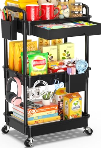 SUNALLY 3 Tier Rolling Cart with Drawer, Bathroom Storage Organizer with 2 Lockable Wheels, Multifunctional Rolling Storage Cart for Bathroom, Kitchen, Office, Craft, Makeup, Baby Essentials, Black