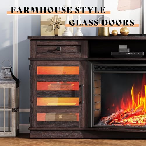 AMERLIFE 70" Farmhouse Fireplace TV Stand with 36'' Curved Electric Fireplace, LED Media Console with 2 Drawers & Adjustable Shelves, Fits 80'' TVs, Espresso AMERLIFE