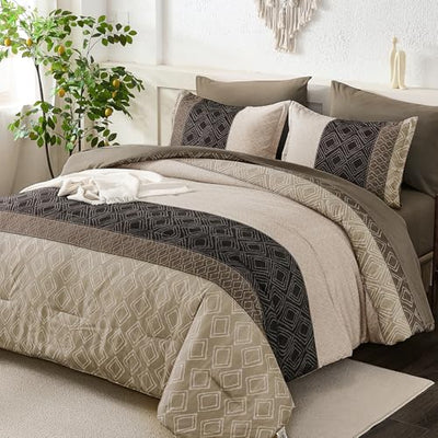 Dinjoy Light Brown King Size Comforter Set,Striped Boho Bed in a Bag King 7 Pieces Soft Fall Bedding Comforters Sets Microfiber Complete Bed Sets for All Season