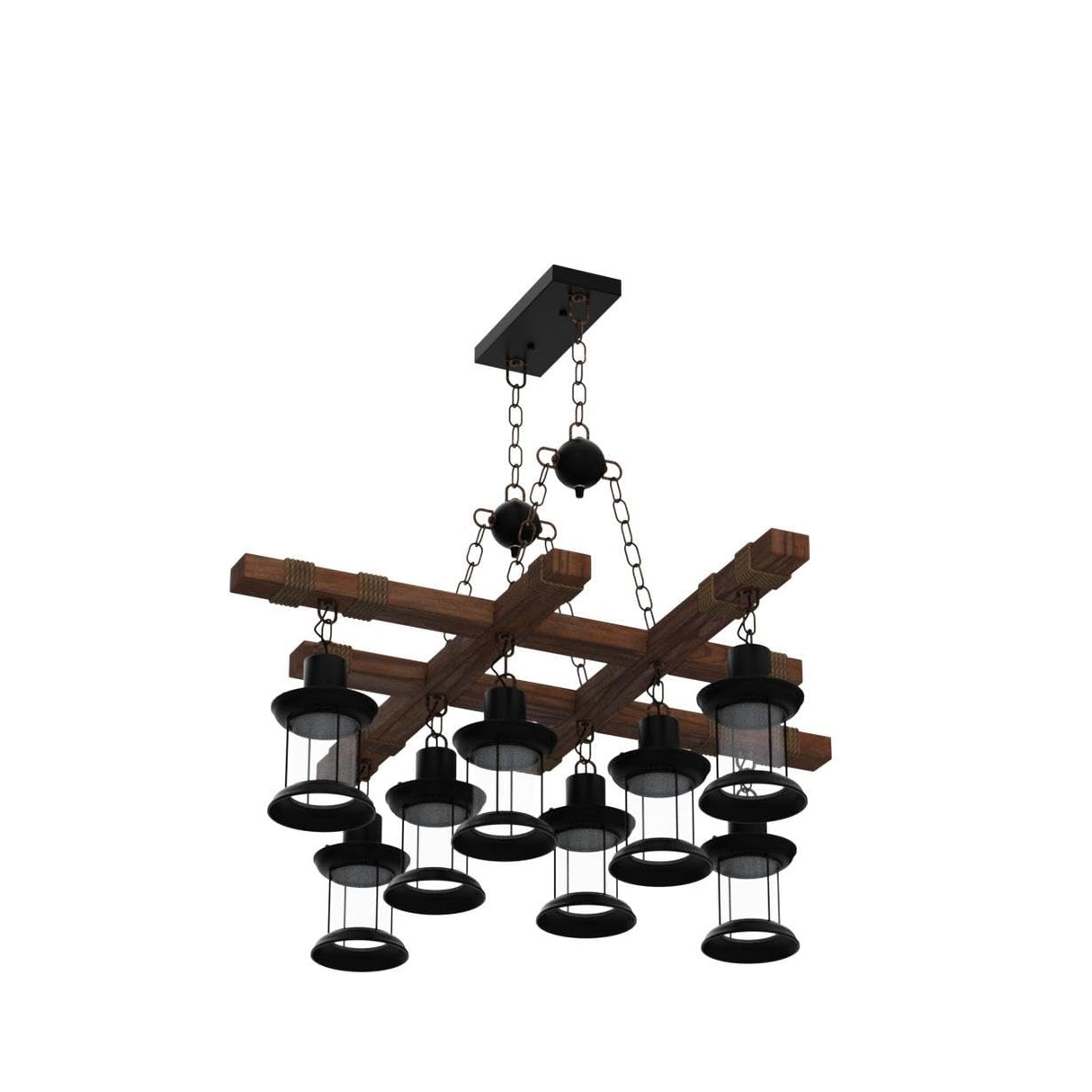 8 Lights Industrial Wooden Hanging Lighting Black Metal Chandelier Farmhouse Vintage Pendant Lamp Glass Lampshade for Pool Table Kitchen Island Bar Retro Ceiling Light Height Adjustable Fixture GHY