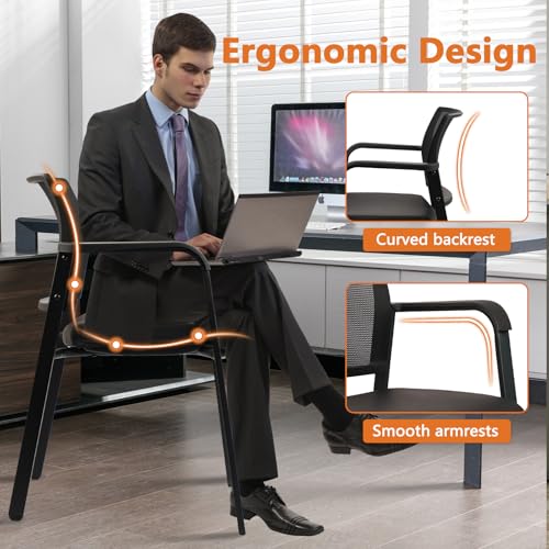 CLATINA Stackable Office Chair, Mesh Back Guest Chairs with Comfortable Leather Seat Arms Stacking Ergonomic Desk Chair No Wheels for Conference Waiting Reception School Stationary, Black, Set of 4 CLATINA