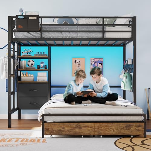 DICTAC Twin Over Full Bunk Bed with 4 Storage Drawers and 3-Tier Open Bookshelf Metal Bunk Bed with LED Lights,Charging Station and Pegboard,L-Shaped bunk Beds with Safety Guardrail and Ladder,Black DICTAC