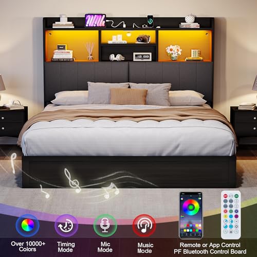 YUMPIE King Bed Frame with Bookcase Headboard and LED Lighting, Black Upholstered Platform Bed with Storage Drawers and Charging Station YUMPIE