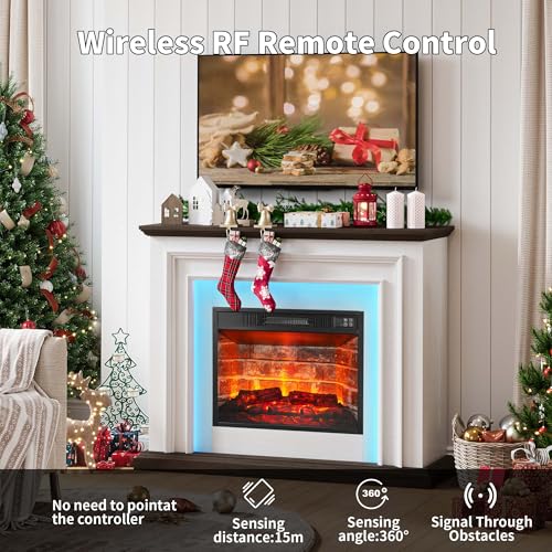 44 Inches LED Lights Electric Fireplace with Mantel, Tall Fireplace Heater Freestanding, Delicate Three-Dimensional molding with Remote Control Timer LED Flame for Living Room, Bedroom, White&Brown BOSHIRO
