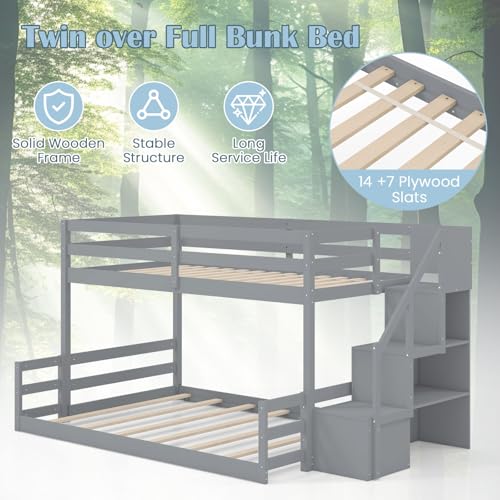 Giantex Twin Over Full Bunk Bed with Stairs, Solid Wood Floor Bunk Bed with Storage Staircase & Full-Length Guardrails, Low Bunk Bed with for Kids, Teens, Adults, Dorm, Small Space, Grey Giantex