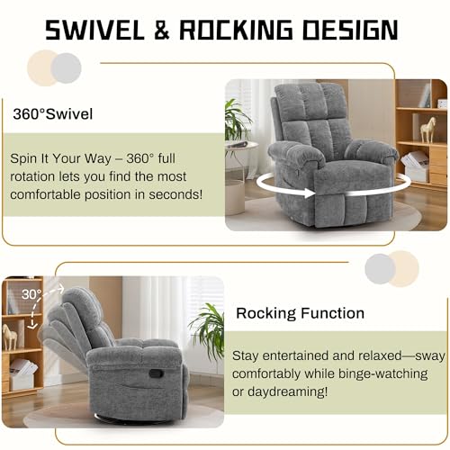 Korser Recliner Chair, Swivel Rocker Recliner Chair for Adults, Small Recliners for Small Spaces, Manual Recliner with Side Pockets, Upholstered Nursery Rocking Chair for Living Room, Chenille, Grey