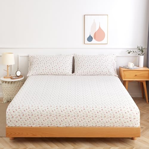 Twin Bed Sheet Set 3PC Printed Red Cute Flower Sheet Pattern Cooling Brushed Microfiber Deep Pocket Floral Sheets Set Luxury, Soft, Breathable, Hypoallergenic, Wrinkle Free Single Bedding for Kids KACEMOO