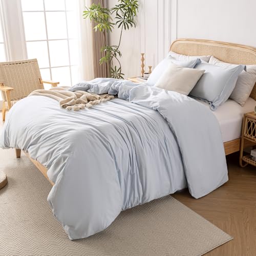 Yibeizi Light Blue 100% Washed Cotton Linen Like Duvet Cover Set Full Size, 3 Pieces, 1 Duvet Cover 80x90 Inches and 2 Pillow Shams, Soft Breathable Comforter Covers Zipper Closure Yibeizi