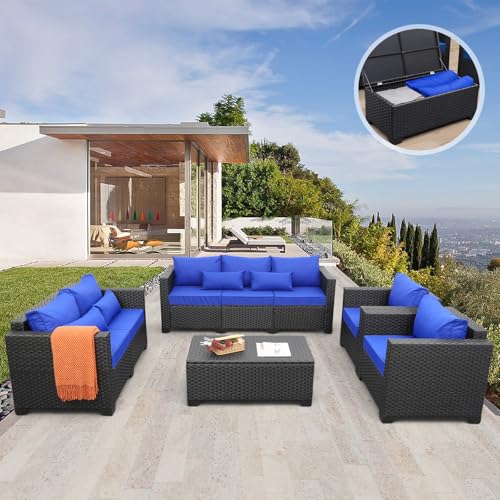 Rattaner Outdoor Wicker Furniture Set 5 Pieces Patio Sectional Sofa Couch Set with Storage Table Royal Blue Anti-slip Cushions Furniture Covers Rattaner
