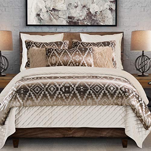 Paseo Road Chalet Aztec Western Bedding, 3 Piece King Comforter Set, Cream Brown Geometric Pattern, Chenille Jacquard Southwestern Indian Modern Rustic Comforter with Pillow Shams Paseo Road
