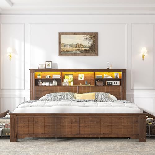 EnHomee King Size Bed Frame with 4 Storage Drawers, King Bed Frame and Headboard with LED Lights & Charging Ports,No Box Spring Needed,NO Noise,Wooden,Brown EnHomee