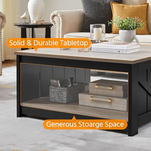 Yaheetech Farmhouse Coffee Table, Square Wooden Coffee Table for Living Room with Open Storage Shelf, 35.4 in Living Room Center Table for Home, Office, Reception Room, Gray & Black Yaheetech