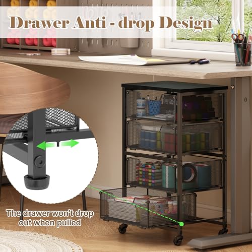 Rolling Cart with Drawers, 4-Drawer Storage Cart on Wheels with Wooden Top, Metal Utility Cart with Storage Drawers, Craft Storage Art Cart for Classroom, Office, Kitchen, Bedroom,Patent Pending Aokitsink