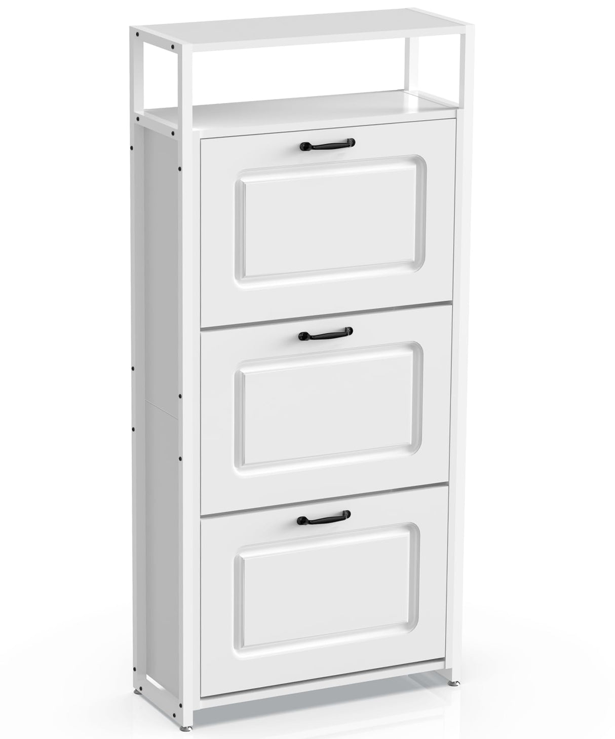 HAIOOU Shoe Cabinet with 3 Flip Drawers, Slim Wooden Shoe Rack Freestanding Storage Organizer Stand with 3 Flip Doors, Robust Metal Frame, Open Storage Shelf for 15-18 Pairs - White HAIOOU