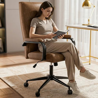 GXJ Brown Leather Office Chair with Wheels, Memory Foam Height Adjustable Computer Deak Chair, Rolling Swivel Executive Chair for Home Office