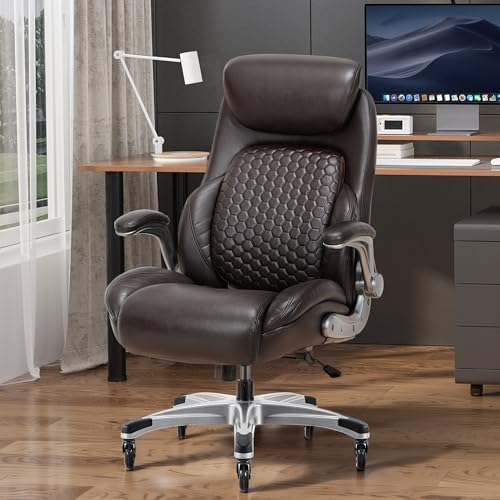 COLAMY Office Ergonomic Desk High Back Executive Chair with Pop-Out Lumbar Support, Upgraded Casters, Adjustable Headrest, Flip-Up Arms, Leather Home with Thick Cushion for Comfort - Brown COLAMY