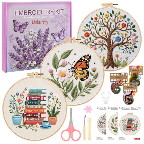 3 Sets Embroidery Kit for Beginners with Stitch Video, Flower Butterfly Tree Books Cross Stitch Kits for Adults, Needle Point Kits with Stamped Pattern, Hoop, Needles, Tools, DIY Arts and Crafts