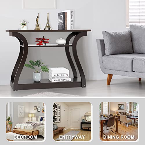 SUPER DEAL Narrow Console Table, 3 Tier Entryway Table, Wood Sofa Table Decorative Hallway Table with Shelves, Curved Frame for Living Room Front Door Entrance, 47 in Espresso SUPER DEAL