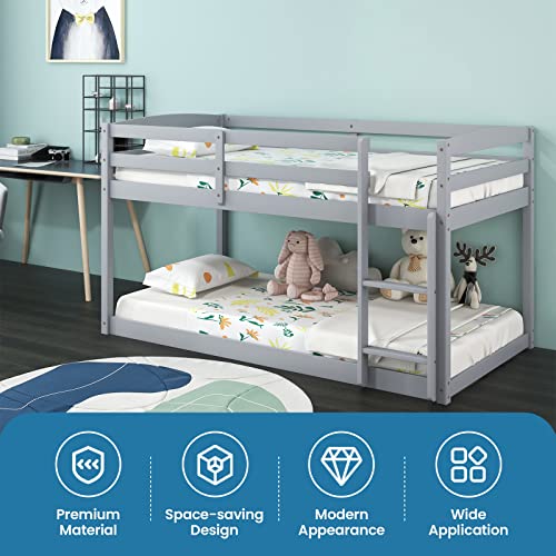 KOMFOTT Low Bunk Bed Twin Over Twin, Solid Wood Bunk Bed Frame with Built-in Ladder & Safety Guardrails, Space-Saving Low Bunk Bed for Kids, Teens, No Box Spring Needed KOMFOTT