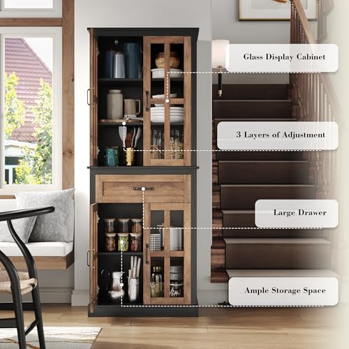 FOTOSOK 71'' Kitchen Pantry Cabinet, Tall Kitchen Cabinet Pantry Cabinet with Glass Doors and Drawer, Freestanding Food Pantry Kitchen Hunch with Adjustable Shelves for Dining Living Room, Natural FOTOSOK