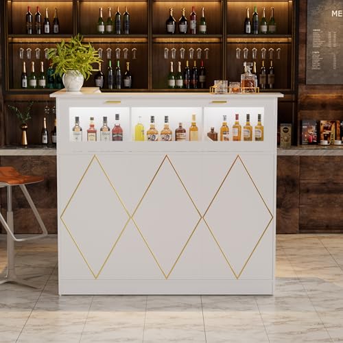 PAKASEPT Reception Desk with LED Lights, L-Shaped Modern Front Desk with Glass Display Shelf, Reception Counter Table for Lobbies, Salons, Retail, Home Offices (White) PAKASEPT
