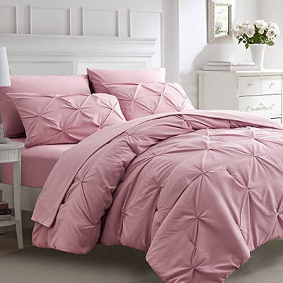 Ubauba 7pc Full Size Comforter Set with Sheets, Pinched Pleat 7 Piece Bed in a Bag Blush Bed Set with Comforter, Pintuck All Season Bedding Sets (Pink,Full)
