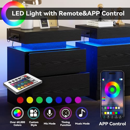 LIKIMIO Night Stand with Charging Station, Modern Black Nightstand with LED Light and Drawers, Bedside Tables/End Table for Bedroom LIKIMIO
