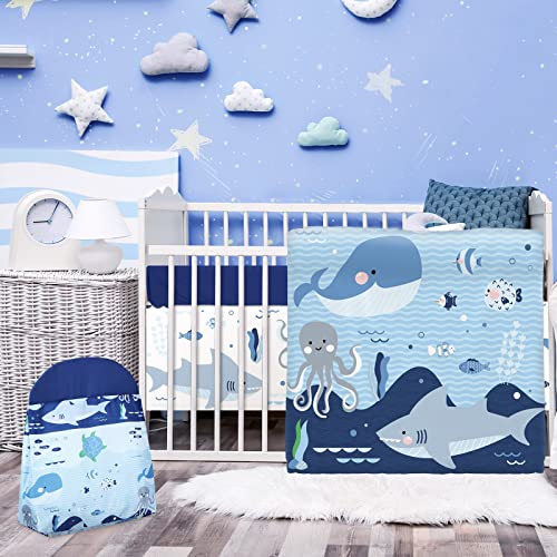 Rtteri 4 Pieces Baby Crib Bedding Set, Nursery Bedding Standard Size Soft Baby Bedding Set Including Crib Skirt, Blanket, Sheet and Diaper Stacker for Girls and Boys(Whale) Rtteri