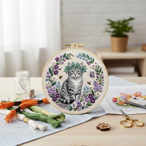Cat Embroidery Kit for Adults - 20x20cm Pre-Stamped Pattern Cross Stitch Kit with 7.87 Inch Bamboo Hoop, Floss, Needles - DIY Craft Kit for Home Decoration & Gift Giving