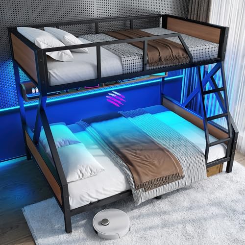 Bellemave Full XL Over Queen Size Bunk Bed with Storage Shelves and LED Lights,Heavy Duty Adult Bunk Beds with Angled Ladder,Metal Queen Bunk Bed,Black Bellemave