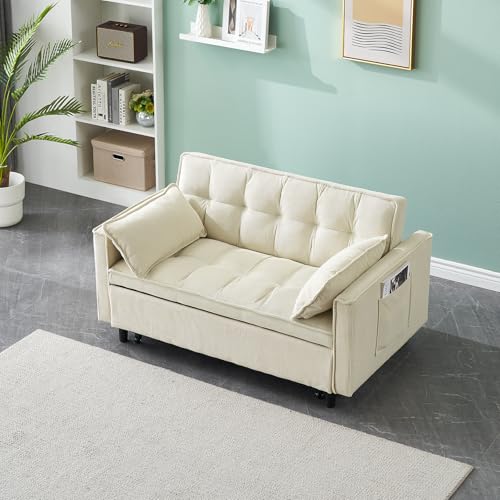 55'' Futon Sofa Bed w/ Reclining Backrest 3 in 1 Convertible Sleeper Sofa with Pull Out Couch Bed Corduroy Love Seat Futon Couch with Storage Pockets&Pillows Modern Lounge Sofa for Living Room, Beige BAOMKONG