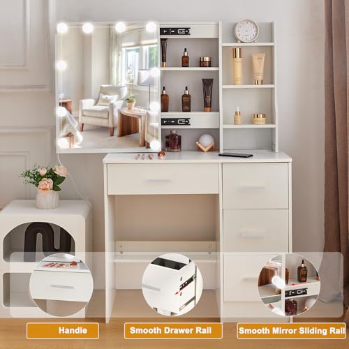 Teousev Vanity Desk with Lighting and Mirror,Small Vanity with 4 Drawers 6 Storage Shelves 3 Lighting Colors for Gilrs Vanity,White,31.5" L*14.2" W*51.2" H Teousev