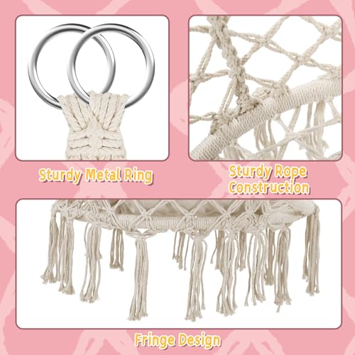 KROFEM Macrame Hammock Hanging Swinging Chair with Medium Cushion, Perfect for Bedroom, Porch, Adults, Balcony, Beige KROFEM