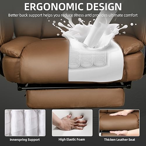 Sucrever Reclining Office Chair with Footrest, Big and Tall Home Office Desk Chairs 400lbs with High Back, Criss Cross Wide Seat, Heavy Duty Base, Pu Leather, Brown Sucrever