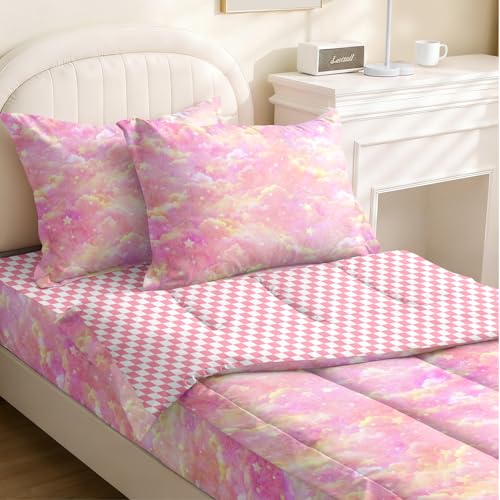 Yadangxiawa Kids Comforter Set,Zipper Bedding Twin for Girls,Pink Cloud Printed Comforter Set with Pink Checkerboard Fitted Sheets and Pillowcases for All Season(Cloud Twin) Yadangxiawa