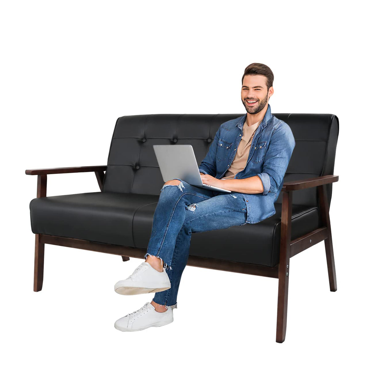 AODAILIHB Leather Sofa Couch Set 2 Accent Chairs & 1Loveseat Black Faux Leather Loveseats Mid Century Modern Office Couch for Small Space Waiting Room Living Room Furniture (3, Black) AODAILIHB