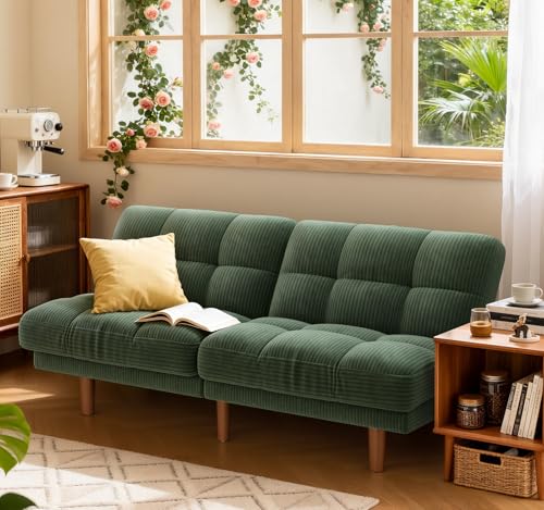 AMADA HOMEFURNISHING 65" Futon Sofa Bed, Convertible Futon Couch with Adjustable Backrest, Ergonomic Recliner Sleeper Sofa with Corduroy Fabric for Living Room, Office, Guest Room (Green) AMADA HOMEFURNISHING