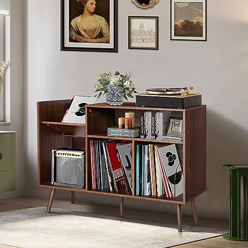 Large Record Player Stand, Mid-Century Vinyl Record Storage Table with Wood Legs and Record Storage, Modern Turntable Stand Holds Up to 300 Albums for Studio, Living Room, Bedroom (Walnut) ORRD