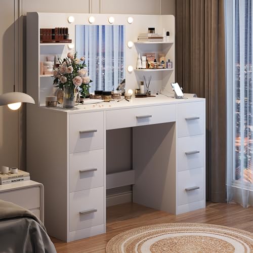 YESHOMY Vanity Desk with Mirror, Power Outlet and 10 Lights, Makeup Table with 7 Drawers, 3 Color Modes Available for Bedroom, Clear White YESHOMY