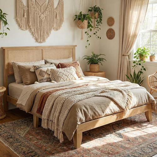 GAOMON King Size Rattan Bed Frame, Rattan Bed Frame with LED Light & Natural Headboard, Boho, Storage Space Underneth, Sturdy Wooden Slats Support, No Box Spring Needed GAOMON