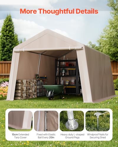 VEVOR 10 × 15 ft Outdoor Storage Shed Tent with Heavy-Duty Steel Frame, 2 Roll-Up Doors & Air Vents, Waterproof Portable Garage Carport Shelter for Motorcycle, Lawn Mower, Garden Tools – Beige VEVOR