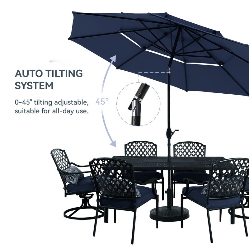 GREEN PARTY 10ft Outdoor Patio Umbrella, Auto-Tilt Market Table Umbrellas with Crank, 8 Sturdy Ribs & 1.5" Pole UV Protection for Garden Deck Backyard Pool, Navy Blue GREEN PARTY