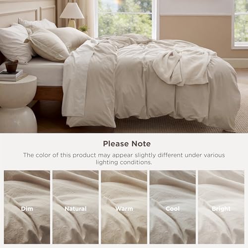 Bedsure 100% Washed Cotton Duvet Cover King Size - Oatmeal Minimalist Cotton Duvet Cover Linen Like for All Seasons - GentleSoft™ Plain Simple Bedding (Oatmeal, King, 104"x90") Bedsure