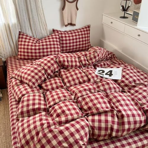 PinkMemory Red Gingham Duvet Cover Set Queen 100% Washed Cotton Beige Plaid Checkered Duvet Cover Full 3pcs Modern Grid Gingham Bedding Set with Zipper Closure Ultra Soft Breathable PinkMemory