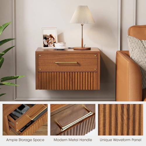 JOINICE Floating Nightstand Set of 2, Mid Century Modern Wall Mounted Bedside Table with Charging Station, Fluted End Table with Storage Drawers for Bedroom, Home Small Space, Cherry, 2 PCS JOINICE